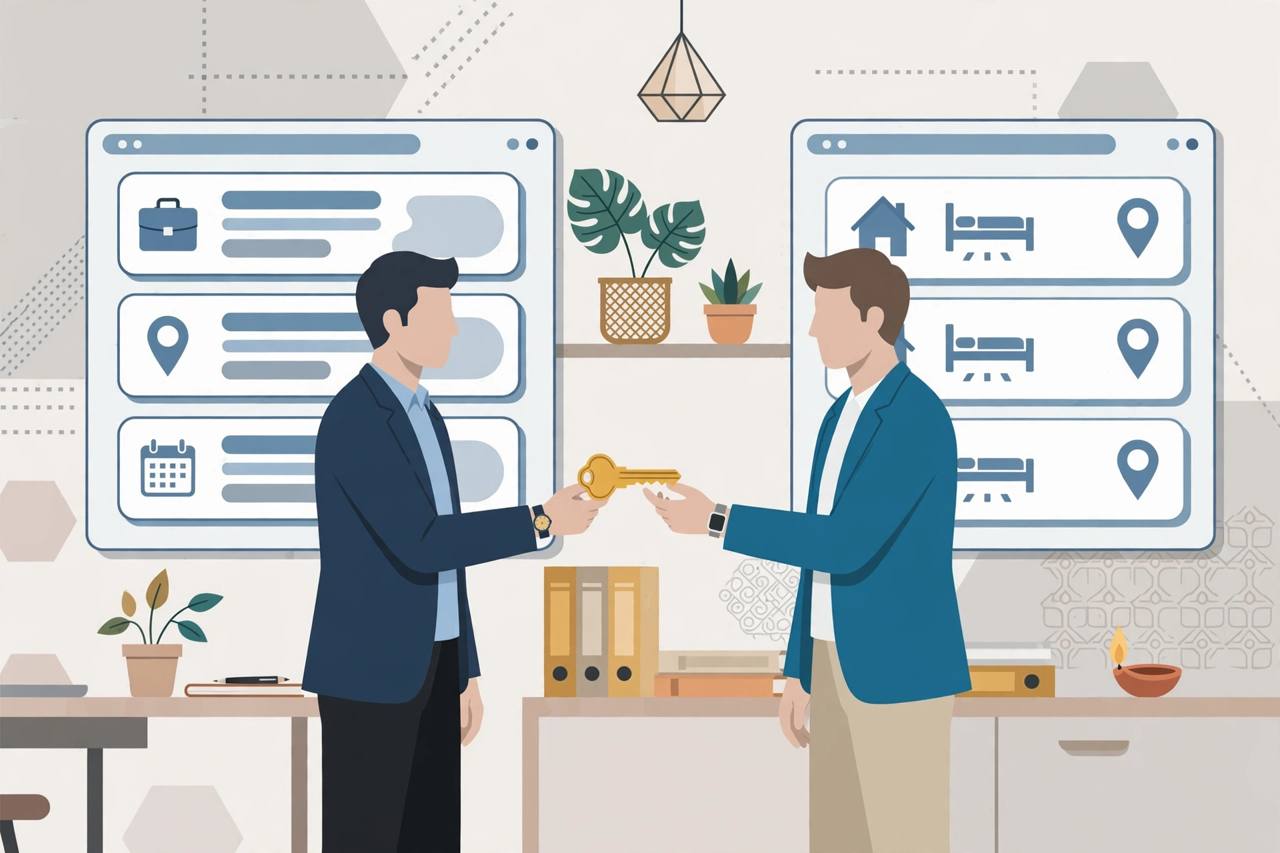 Editorial illustration of a leadership handover in an office, one generic business figure handing a symbolic key to another, with job and home listing screens behind them