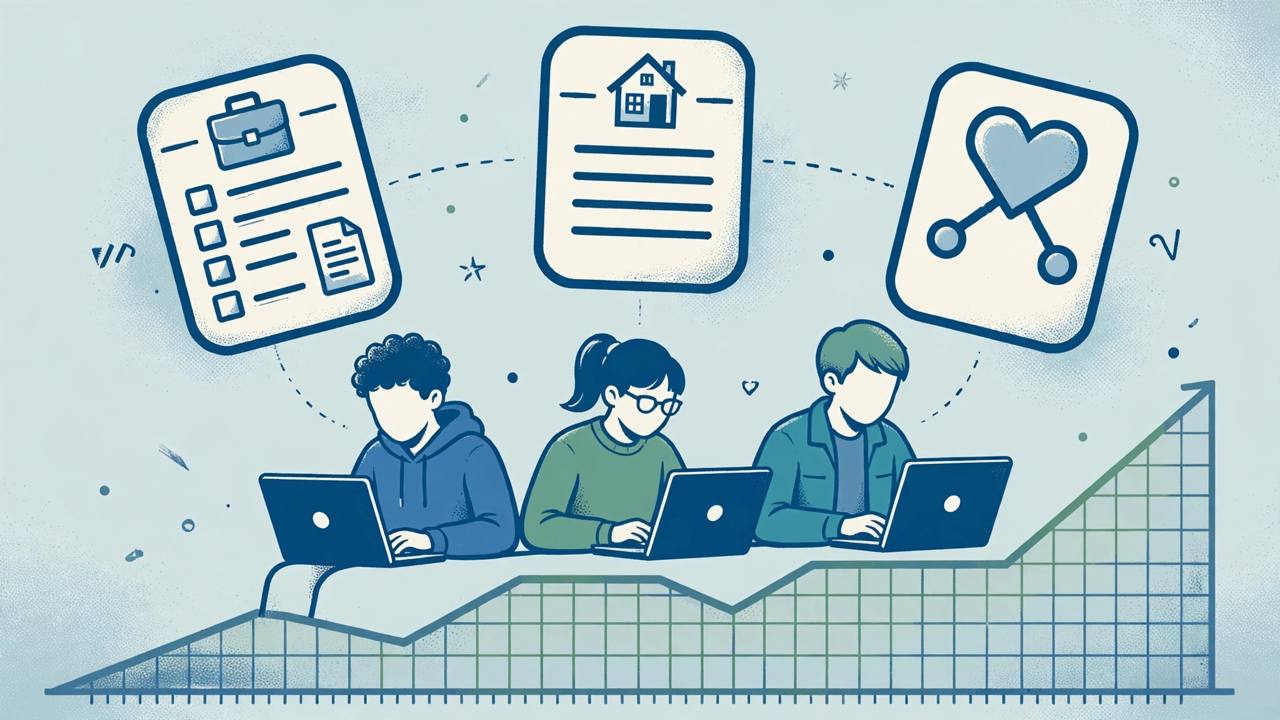 Editorial illustration of generic job seekers with laptops in front of stylised job-listing, home-listing and matchmaking cards above a rising growth chart, no real person's likeness