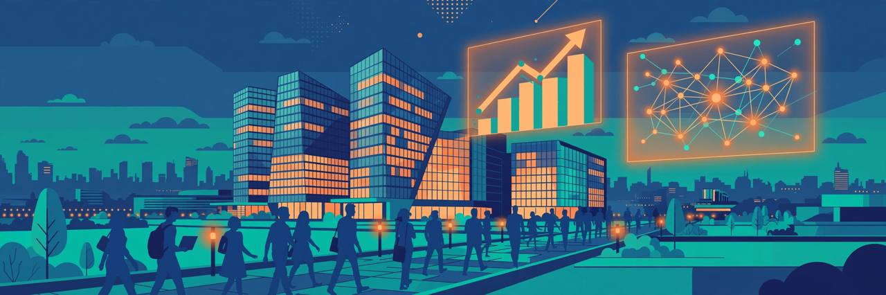 Editorial illustration of a modern Indian IT campus with engineers and glowing AI and growth charts on large screens