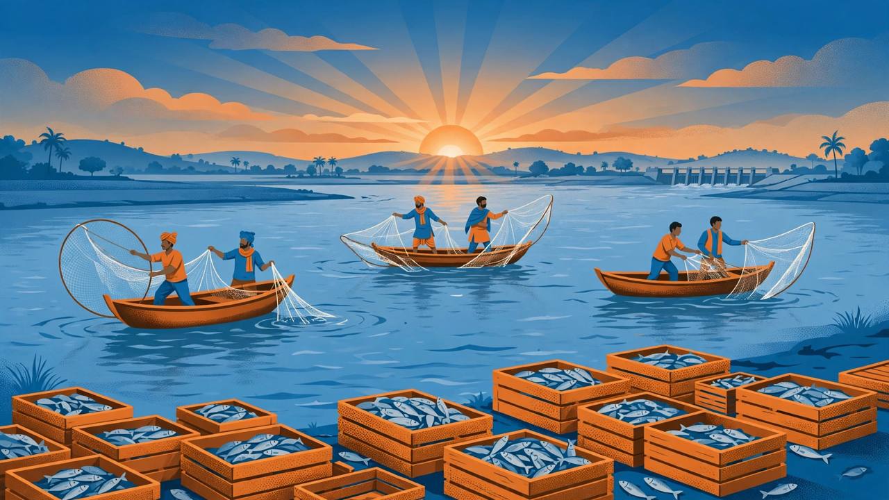 Editorial illustration of small-scale fishers casting nets from wooden boats on an Indian inland river at dawn, generic figures