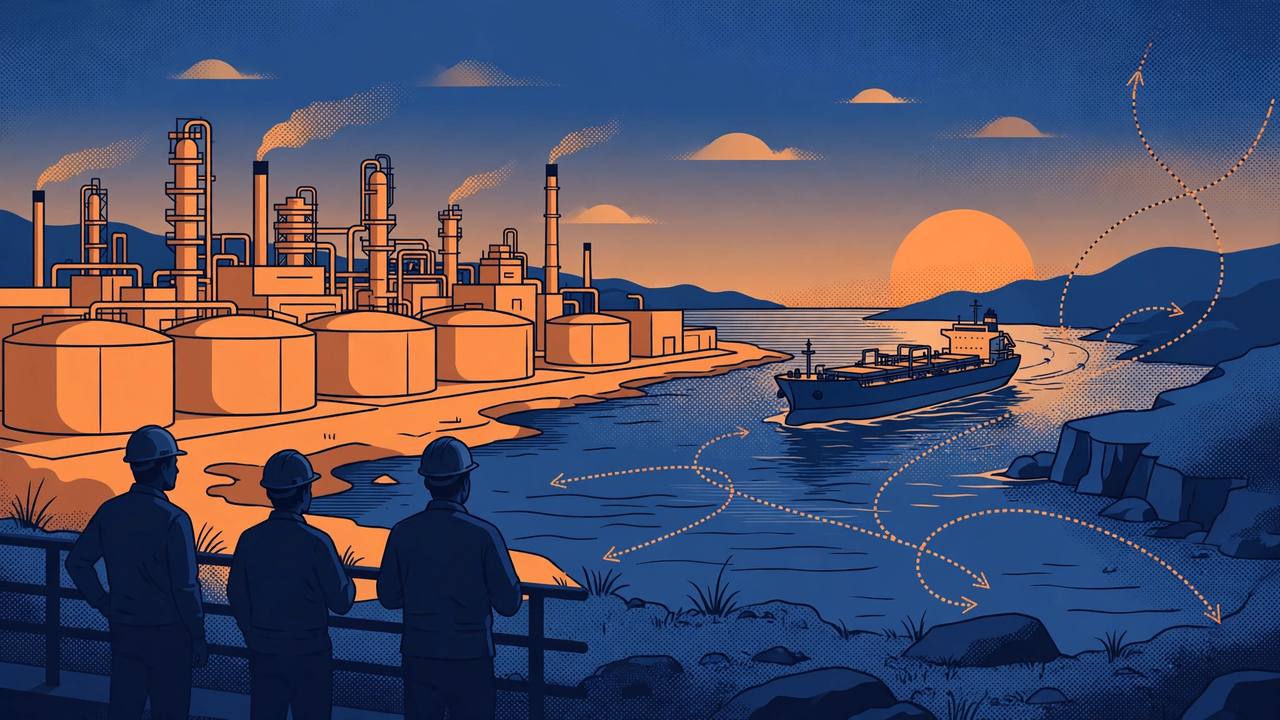Editorial illustration of an Indian oil refinery and a crude tanker rerouting through a strait at dusk