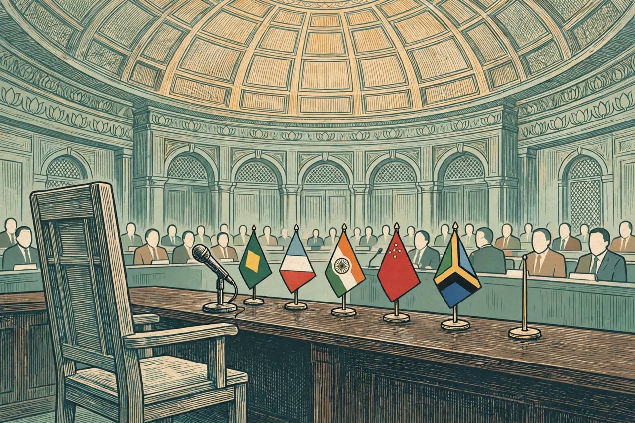 Editorial illustration of an empty speaker's chair at a parliamentary conference table in New Delhi, with BRICS flags and generic delegates in the background