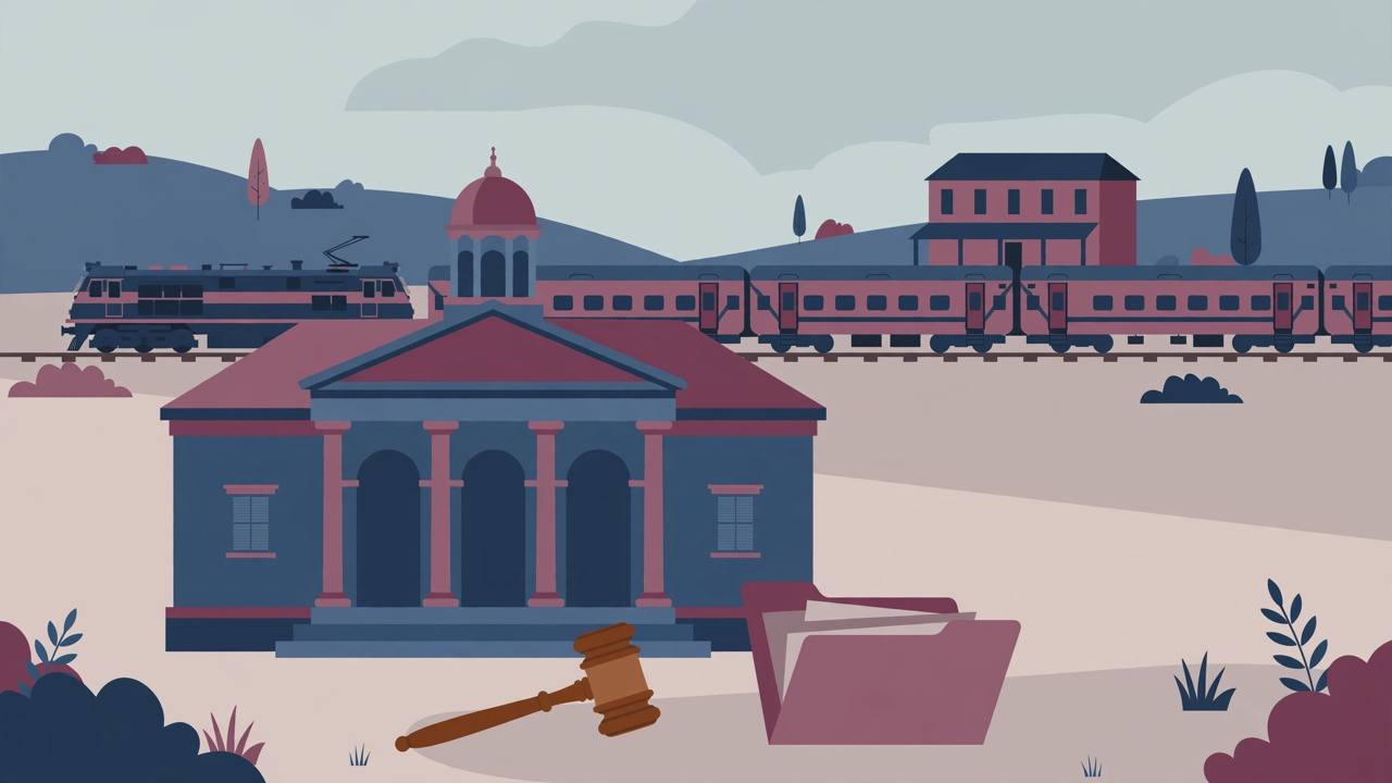 Editorial illustration of a courthouse with a gavel and legal file, with an Indian Railways train passing a hotel building behind it