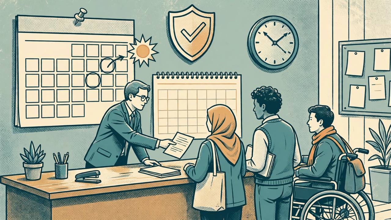 Editorial illustration of generic policyholders at an insurance help desk with a large calendar and shield symbol, suggesting a deadline extension