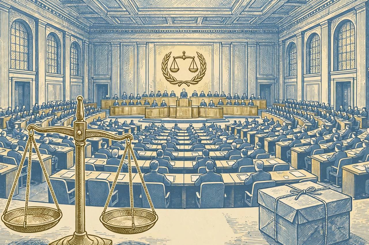 Editorial illustration of a United Nations assembly hall with a speaker at a podium, scales of justice and an archive box - no real person's face