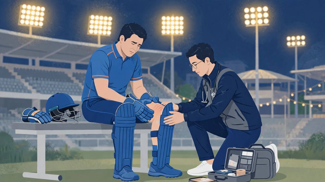 Editorial illustration of a cricketer receiving treatment for a thigh strain