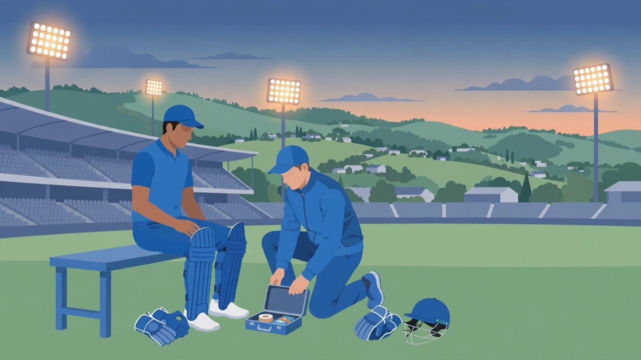 Editorial illustration of a generic Indian wicketkeeper-batter in blue sitting on a bench with a physio at a floodlit stadium in Wellington