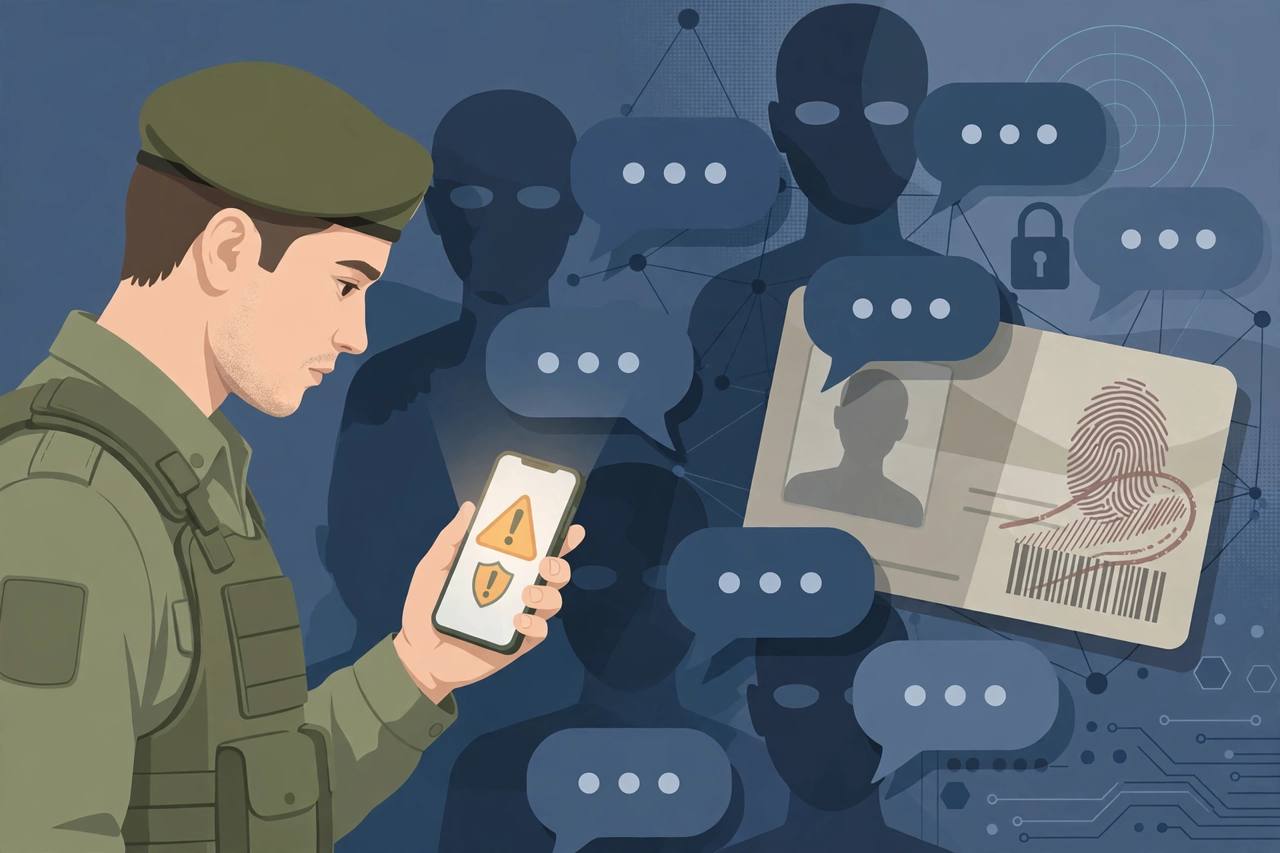 Editorial illustration of a generic soldier looking at a smartphone warning, with shadowy forged chat bubbles in the background