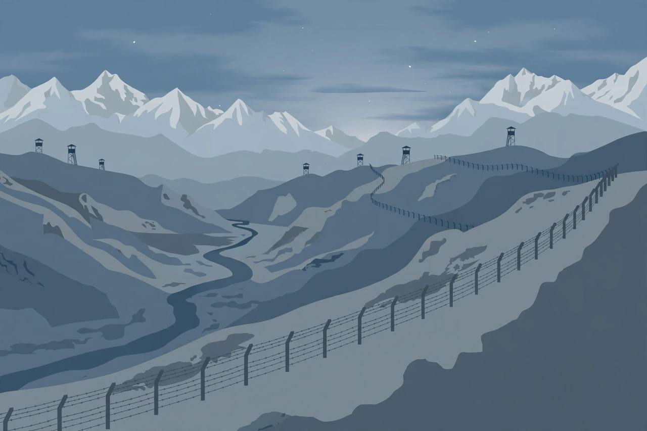 Editorial illustration of a mountain border fence with watchtowers under snow-capped Himalayan peaks at dusk, flat style, no people, no text