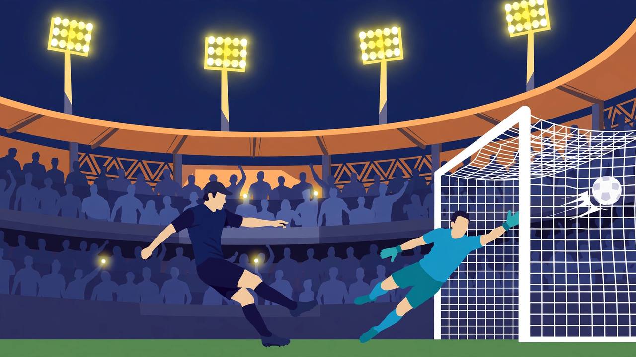 Editorial illustration of a penalty kick striking the goalpost in a floodlit football stadium