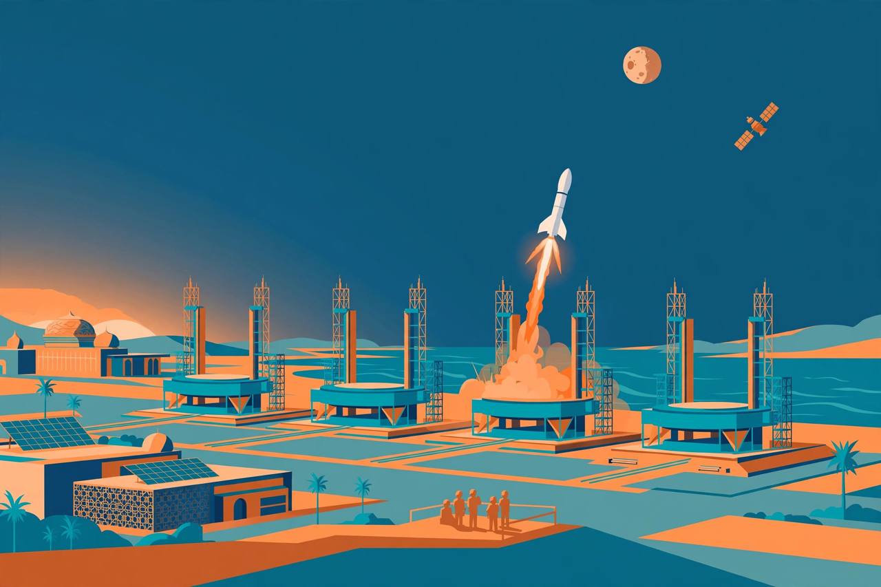 Editorial illustration of an Indian spaceport with four launch pads and a rocket lifting off