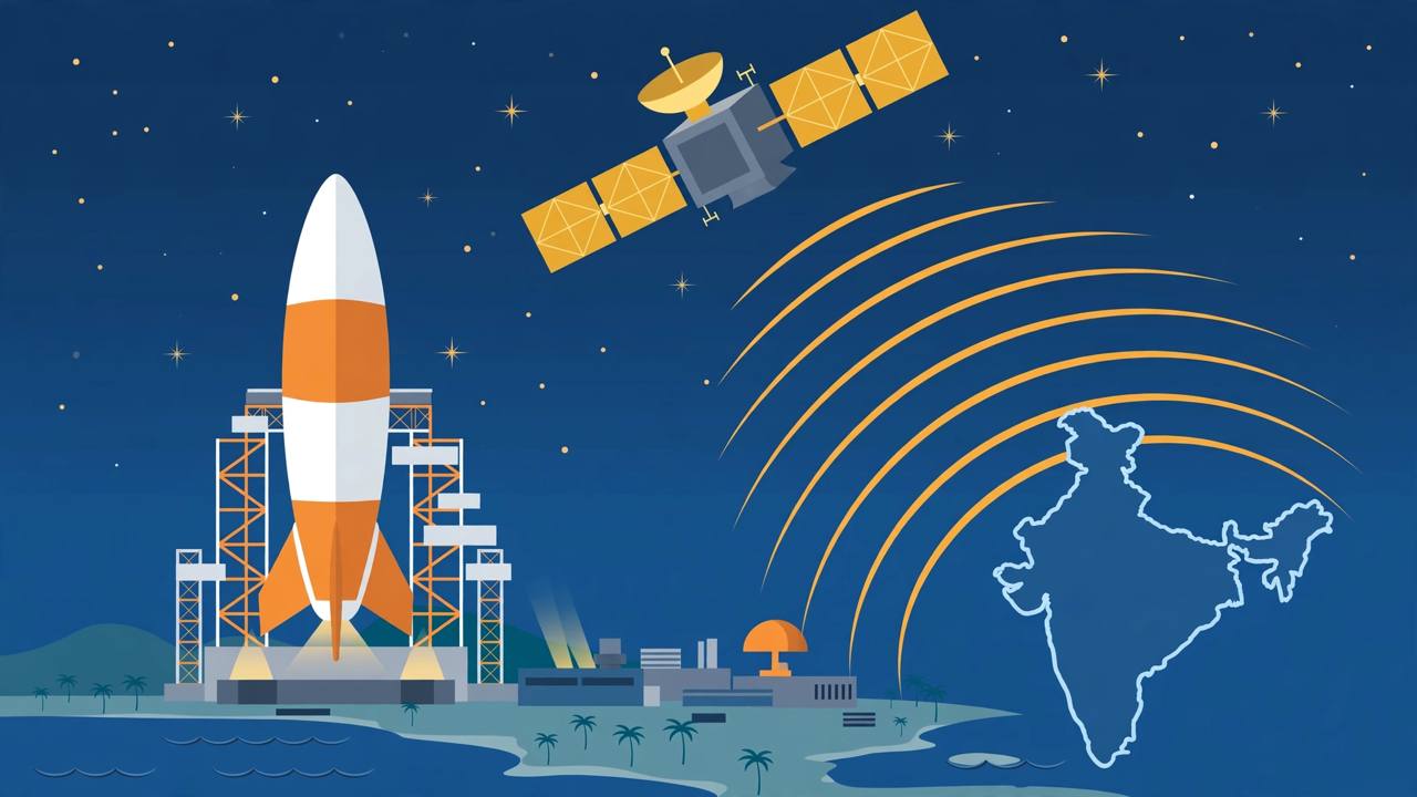 Editorial illustration of a rocket on a launch pad at night with a navigation satellite sending signals over an outline map of India, no real person's face