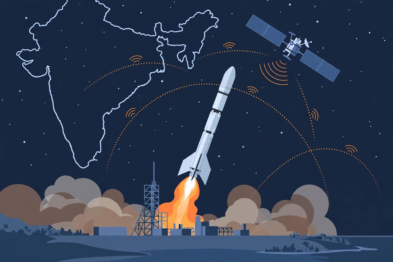 Editorial illustration of a rocket lifting off at night from a coastal launch pad with a navigation satellite sending signals over an outline map of India, no real person's face