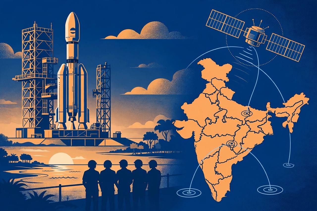 Editorial illustration of a GSLV rocket launching a navigation satellite for NavIC, generic figures