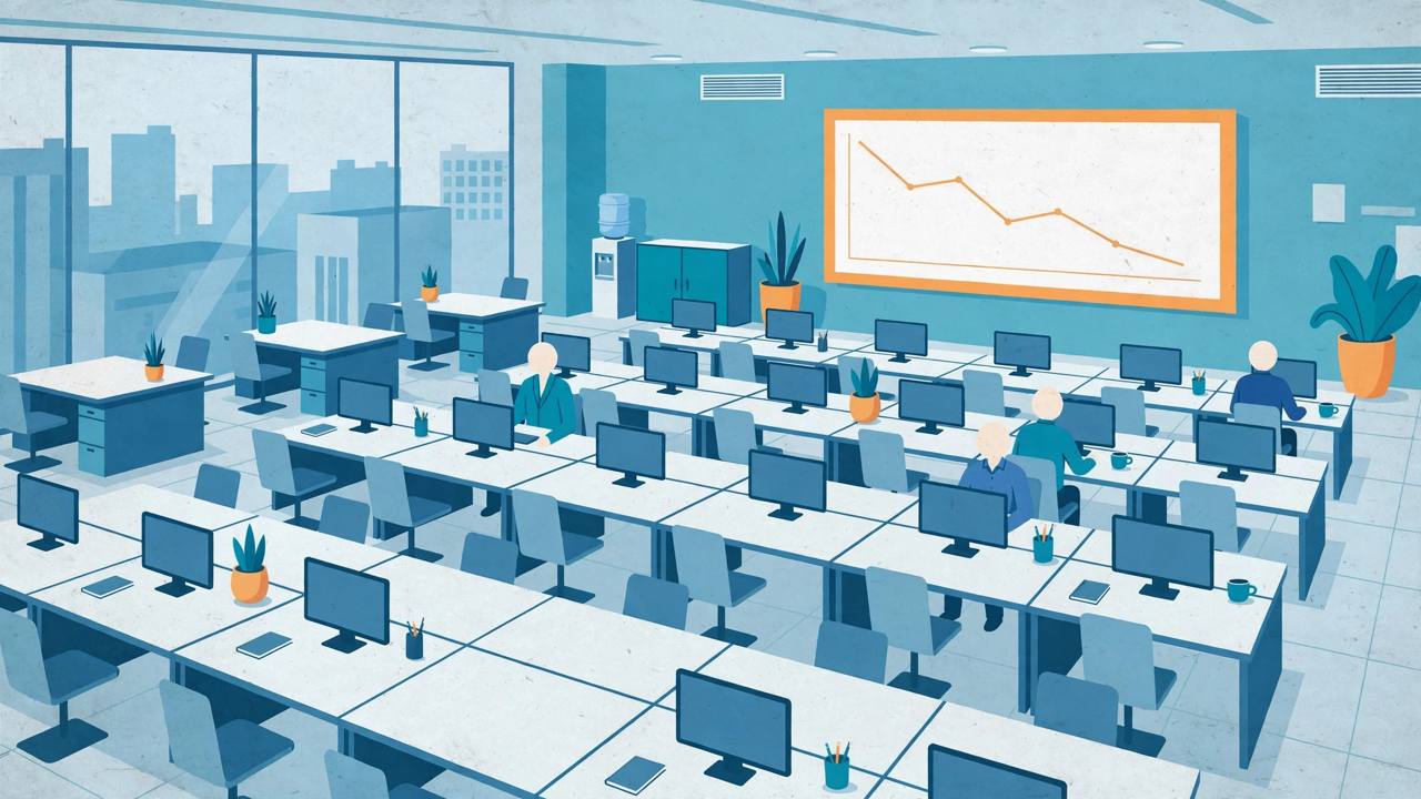 Editorial illustration of a large IT office floor with rows of desks and monitors, several desks empty, a few generic faceless workers at their screens and a plain downward line chart on a wall screen — no real place or person depicted