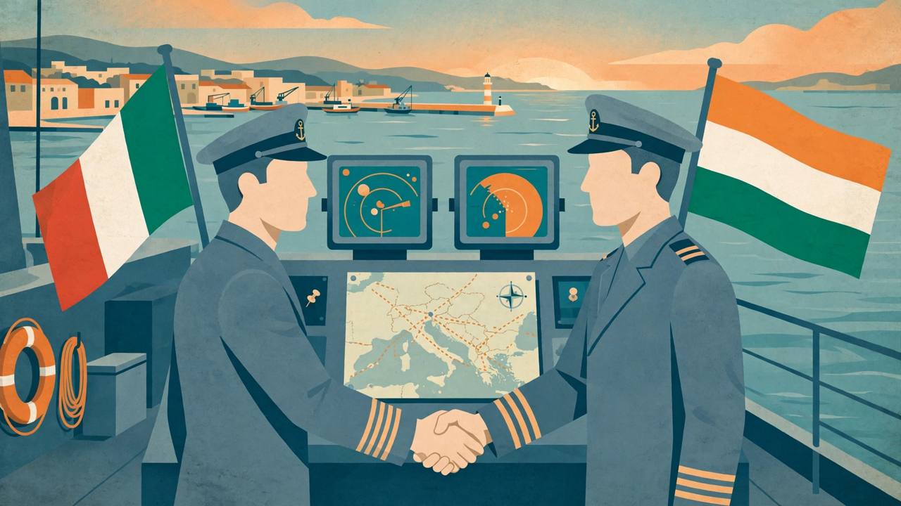 Editorial illustration of generic naval officers shaking hands on a frigate deck near a Mediterranean port, with a maritime route map behind them
