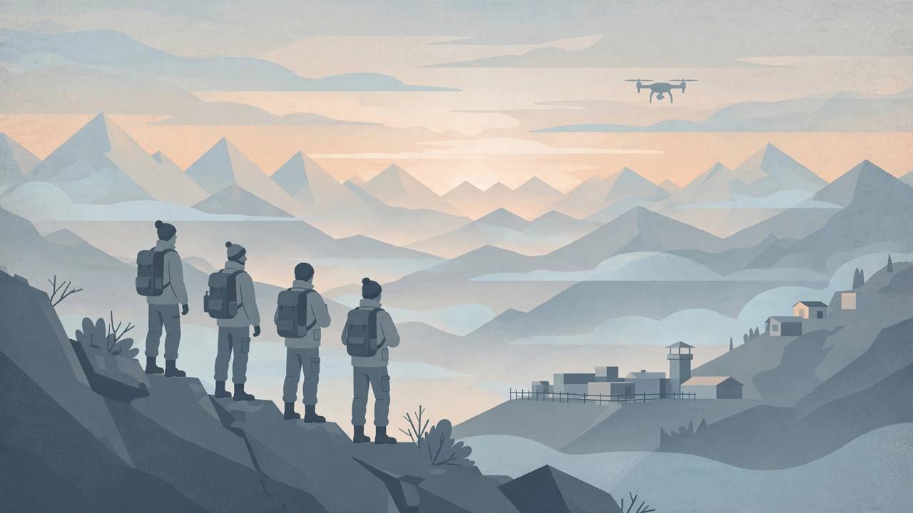 Editorial illustration of border patrol soldiers on a high mountain ridge in Arunachal Pradesh