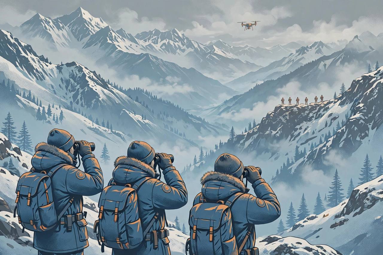 Editorial illustration of Indian border patrol personnel with binoculars on a snowy Himalayan ridge watching a distant patrol, drone overhead