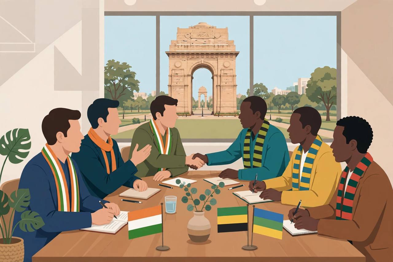 Editorial illustration of generic Indian and African diplomats meeting around a conference table in New Delhi with India Gate in background