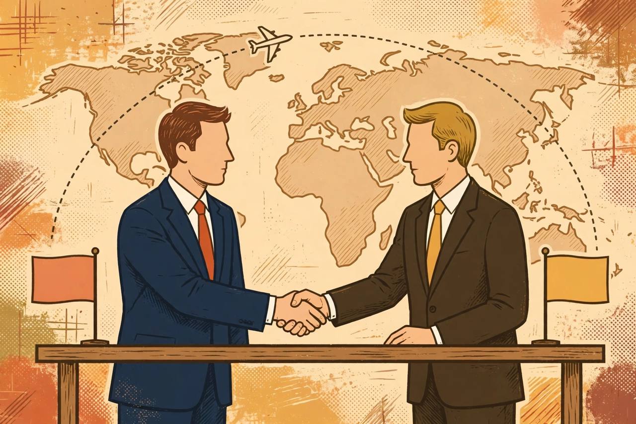 Editorial illustration of two generic diplomats shaking hands across a table, flat style, no real faces, no text