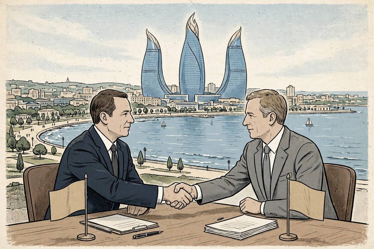 Editorial illustration of two generic diplomats shaking hands at a conference table with a generic Baku waterfront skyline behind, flat style