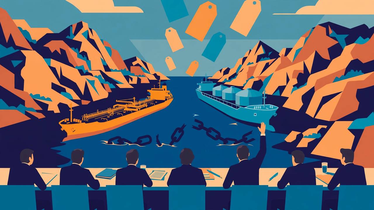 Editorial illustration of an oil tanker and an LPG carrier passing through a narrow sea strait blocked by a broken chain, with price tags floating in the sky and generic delegates seated at a conference table in the foreground