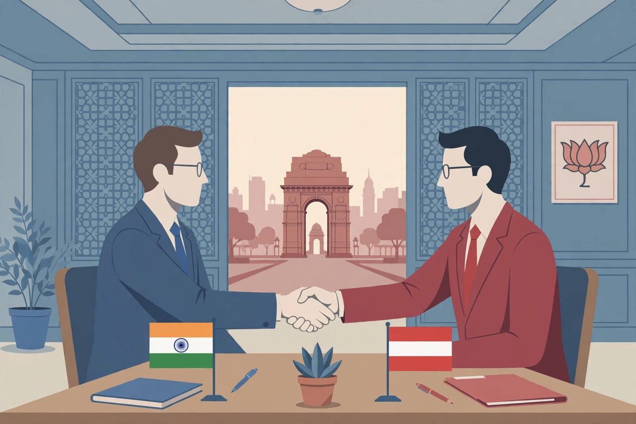 (Editorial illustration) Generic diplomats shaking hands at a table with Indian and Austrian flags in a New Delhi meeting room.