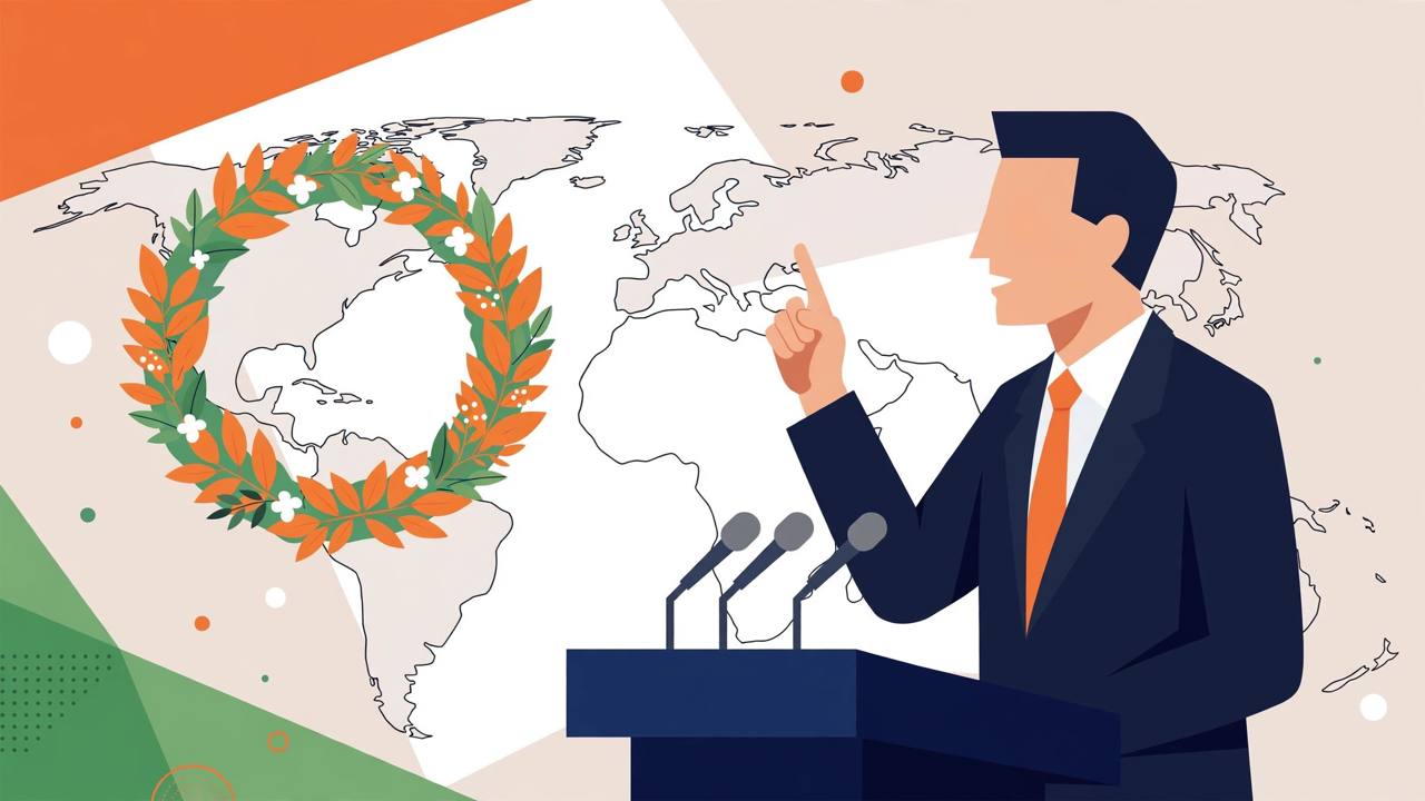 Editorial illustration of a generic diplomat speaking at a summit lectern beside a memorial wreath and a world map, flat style, no real faces, no text