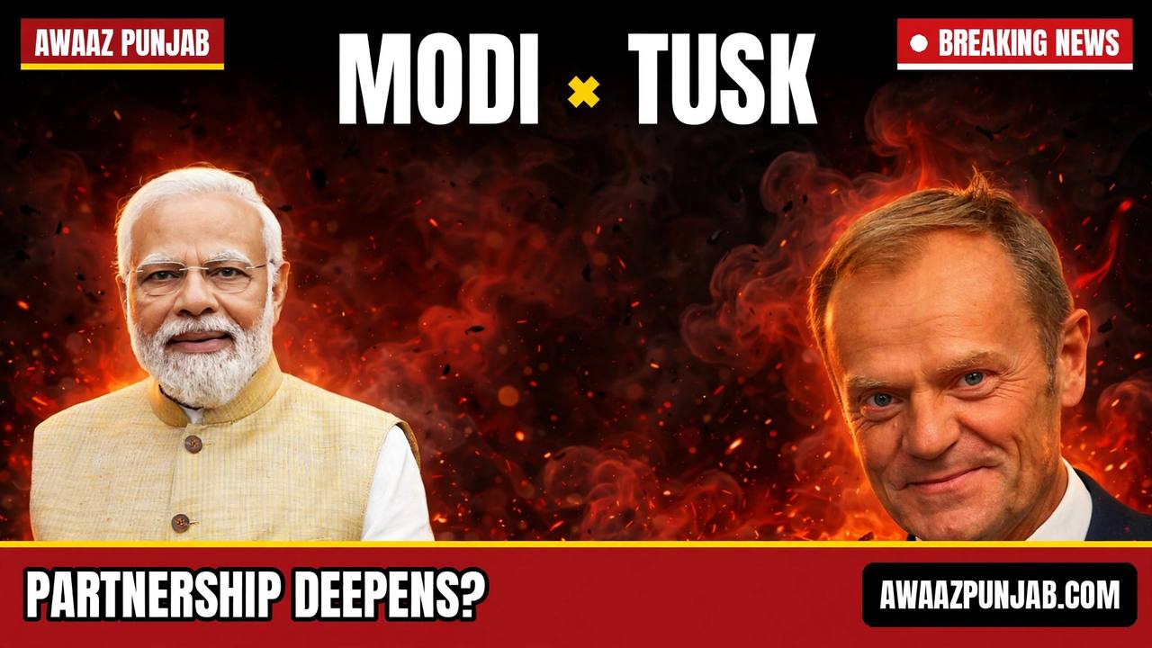 Awaaz Punjab branded thumbnail with real-photo cut-outs of Prime Minister Narendra Modi and Polish Prime Minister Donald Tusk