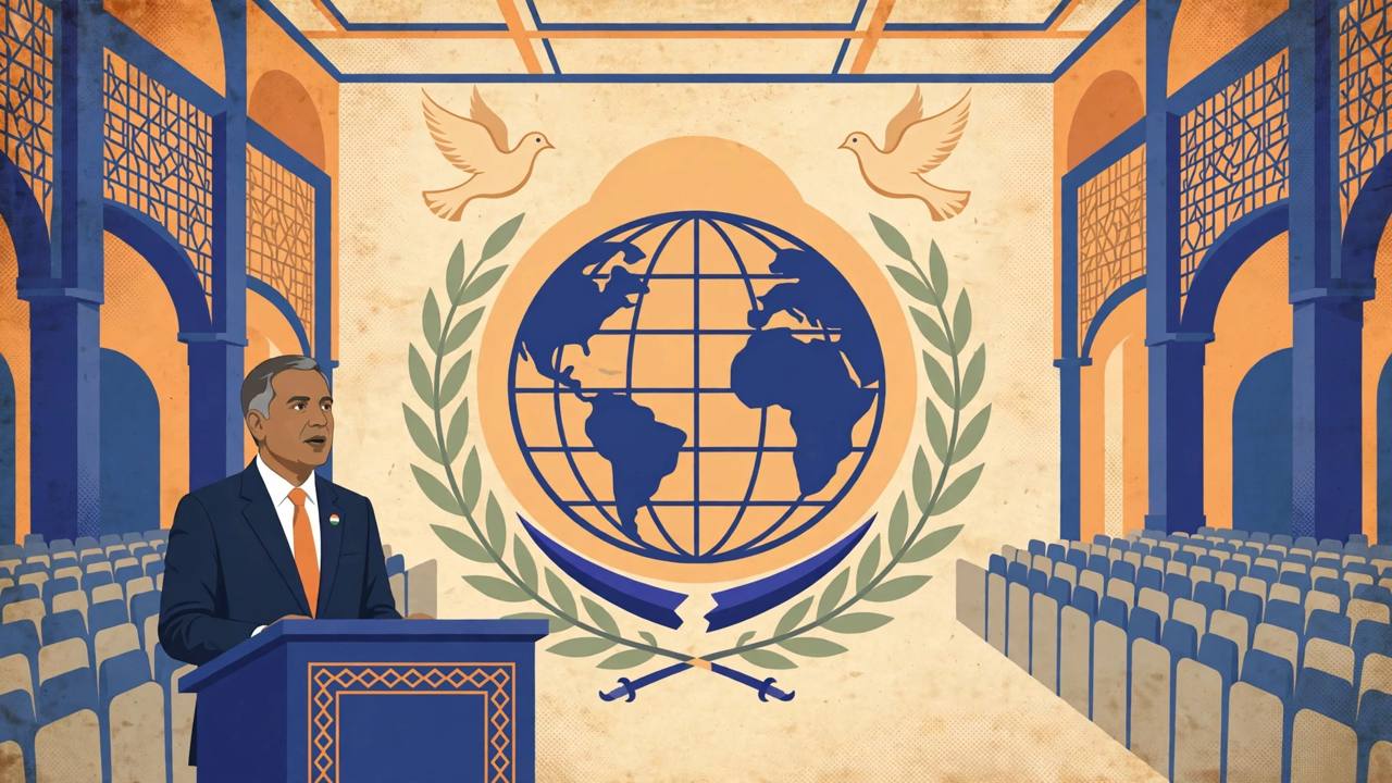 Editorial illustration of a generic diplomat speaking at a lectern in a conference hall with a stylised globe, olive branches and doves behind him