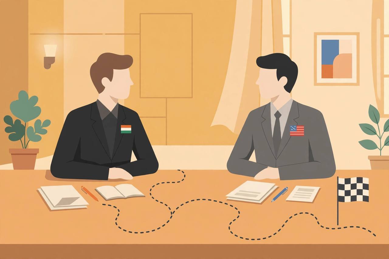 Editorial illustration of two generic negotiators at a table with a winding dotted road to a finish flag, flat style, no real faces, no text