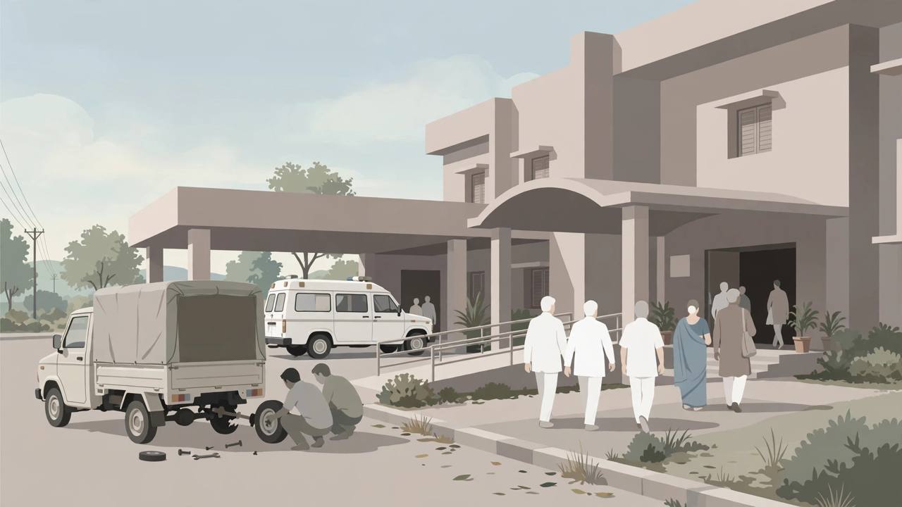 Editorial illustration of a government hospital entrance with an ambulance, and a goods vehicle with a broken axle being inspected at the roadside