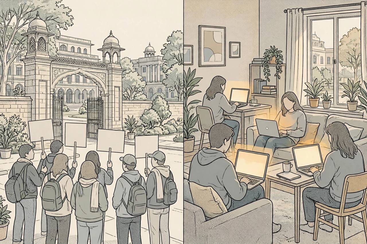 Editorial illustration of generic students at a university gate and others attending class on laptops; no real person depicted
