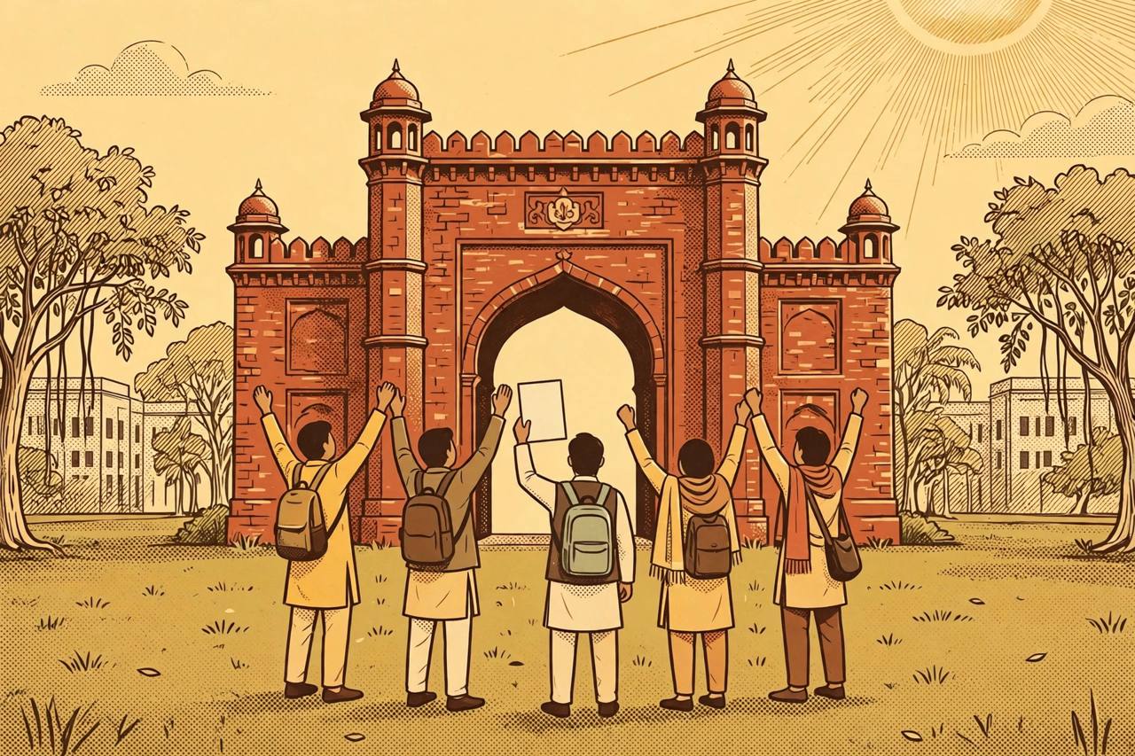 Editorial illustration of generic students celebrating with raised hands in front of a historic red-brick university gate, one student holding a blank document