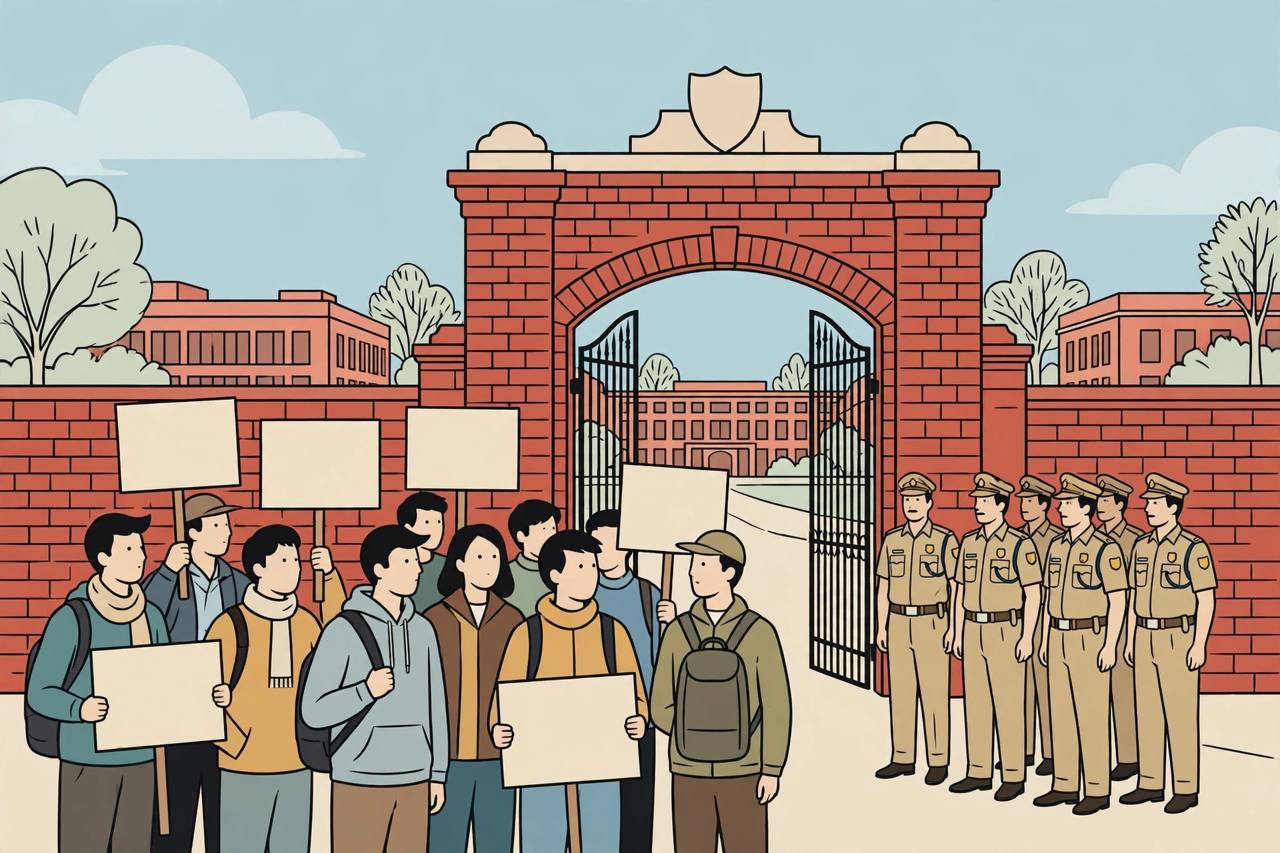 Editorial illustration of generic students with blank placards outside a red-brick university gate, with generic police officers standing nearby, flat style