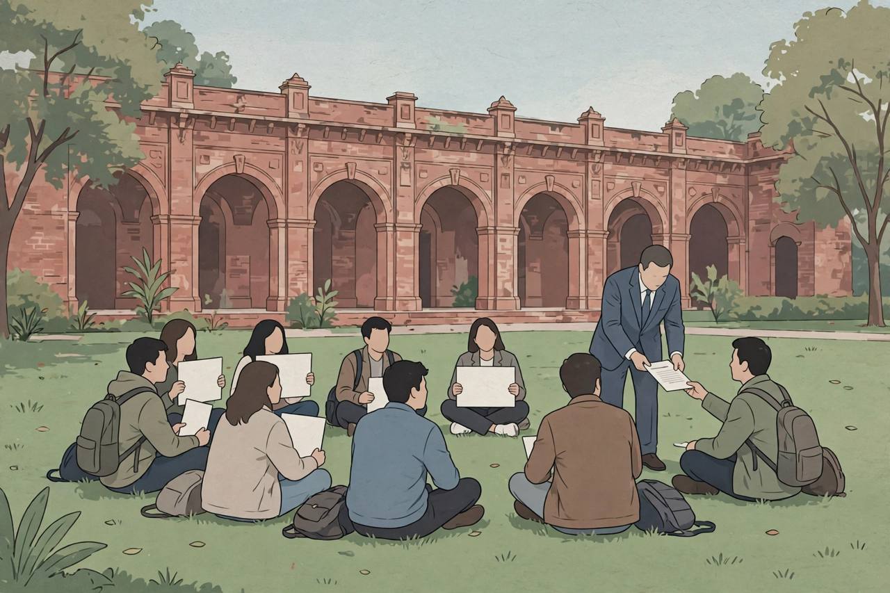 Editorial illustration of generic students in a peaceful protest circle on a university lawn in front of a historic red-brick building, one official handing over a document