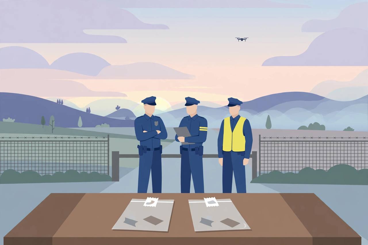 Editorial illustration of generic police officers at a rural border checkpoint at dawn with a distant drone silhouette and sealed evidence bags — flat style, no text, no real person's face