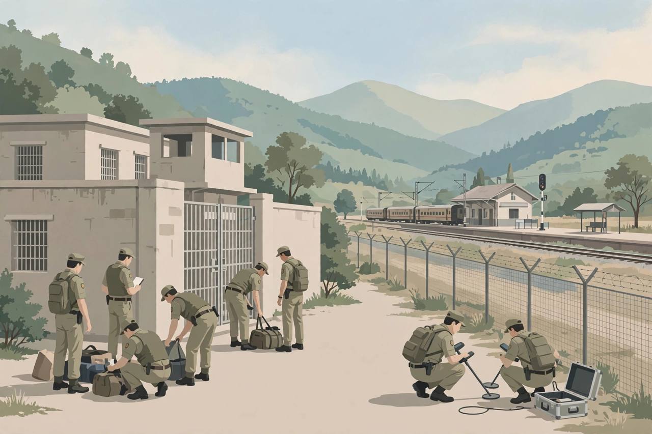 Editorial illustration of generic security personnel conducting a search outside a district jail and checking ground near a border fence in Jammu; no real person depicted