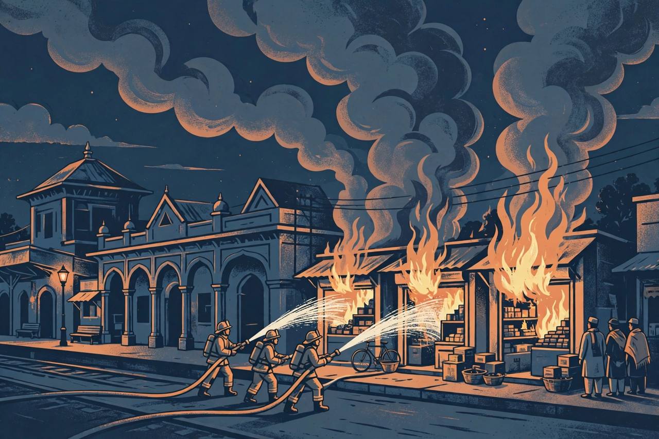 Editorial illustration of generic firefighters battling a night fire at market shops opposite a railway station