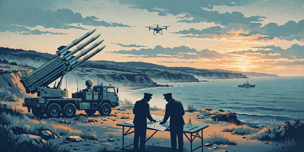 Editorial illustration: a coastal surface-to-ship missile launcher, a naval ship at sea, a survey drone and two generic officers studying a map at a shore range (Editorial illustration)