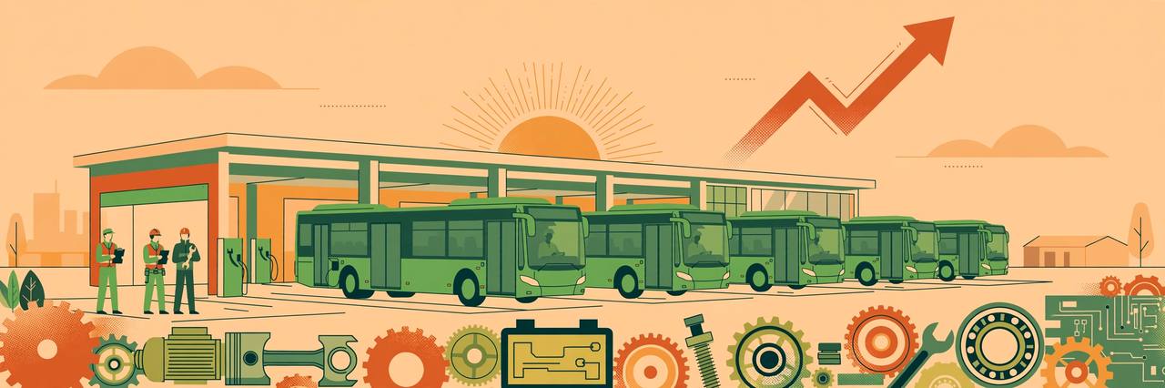 Editorial illustration of electric buses leaving a depot with auto components in the foreground