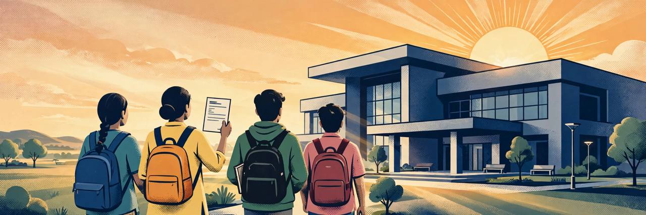 Editorial illustration of generic students walking toward a modern examination centre at sunrise