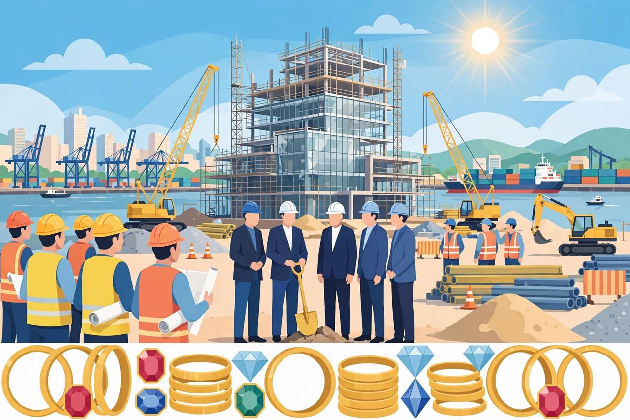 Editorial illustration of construction beginning at a modern jewellery manufacturing park with cranes, workers and gold bangles in the foreground