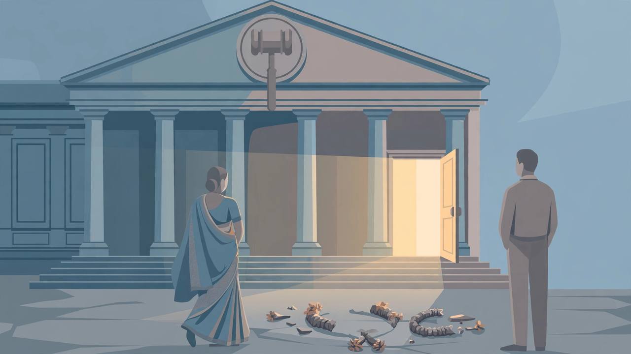 Editorial illustration of a high court building, a woman in a sari walking toward an open door of light, a man standing apart, and a broken wedding garland on the ground, flat style, no real person's face
