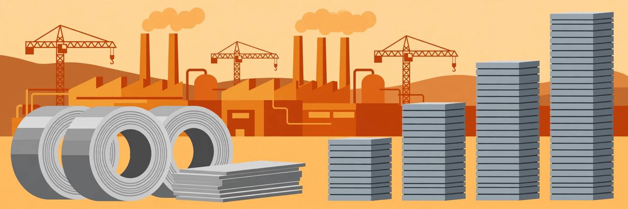 Editorial illustration of a stainless steel plant with steel coils, stacked steel sheets rising like a chart, factory chimneys and cranes