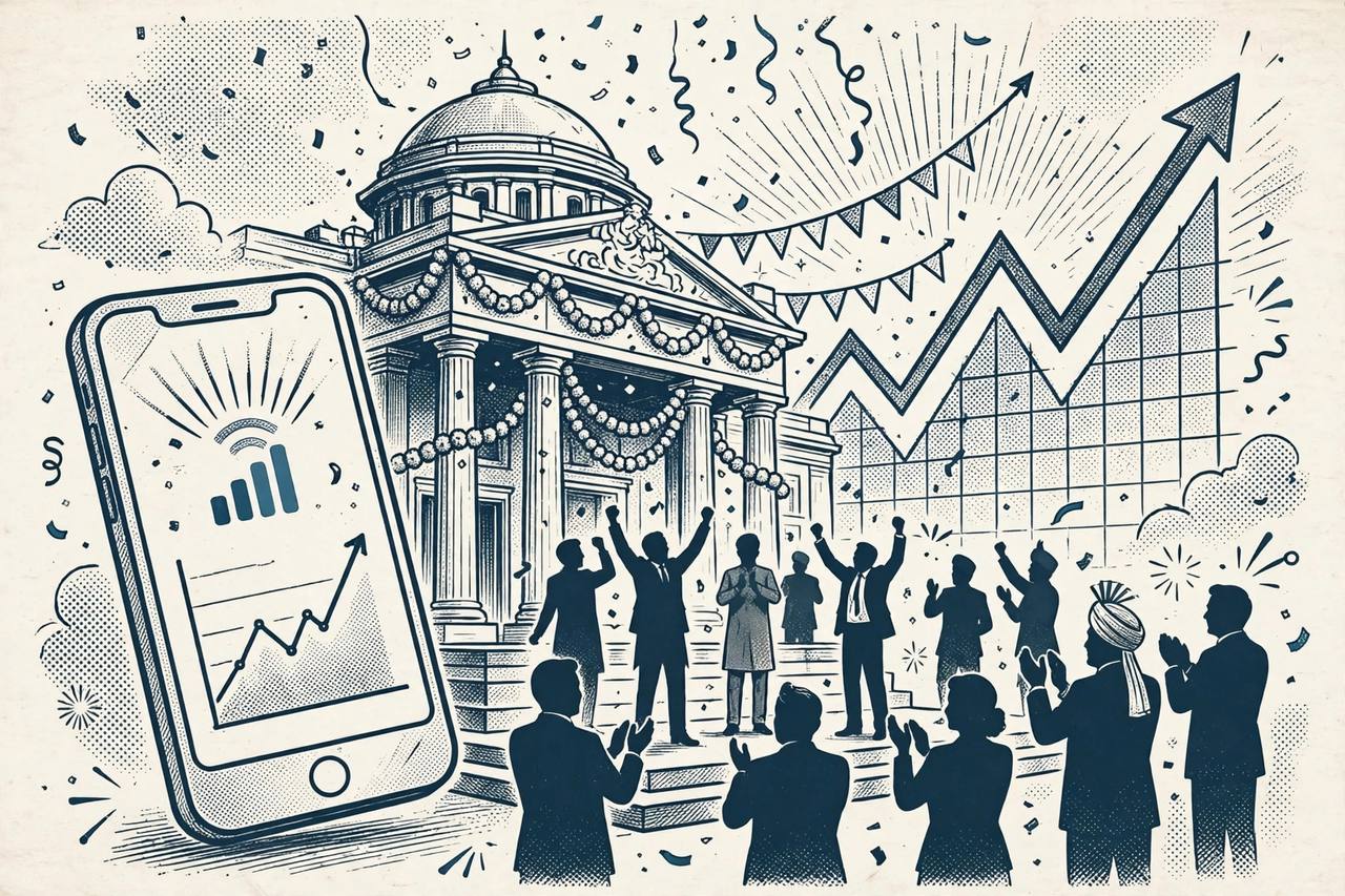 Editorial illustration of a stock exchange listing celebration with a large smartphone and a rising stock chart