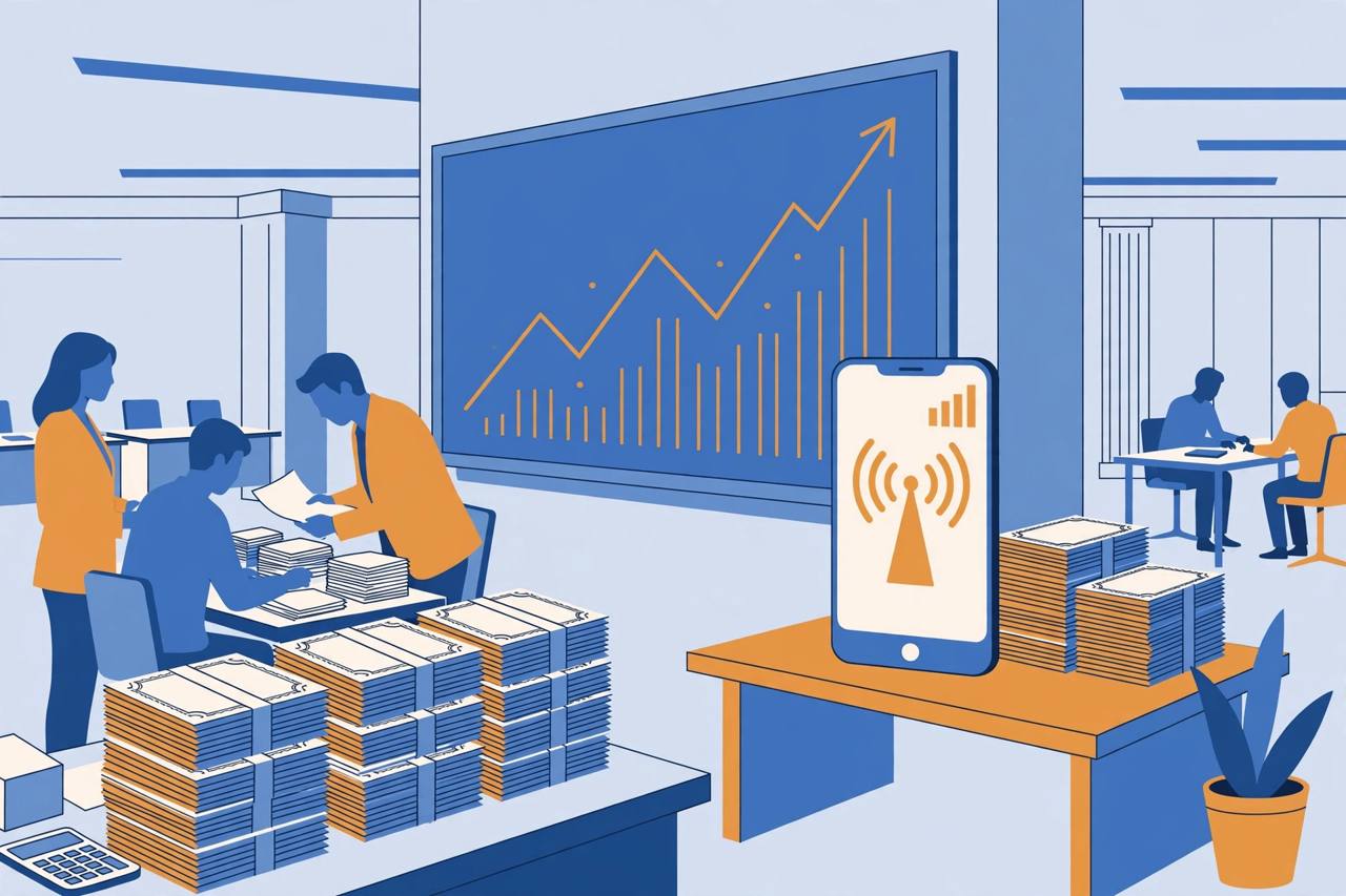 Editorial illustration of a stock exchange with an upward subscription chart, share certificates and a smartphone with a telecom signal