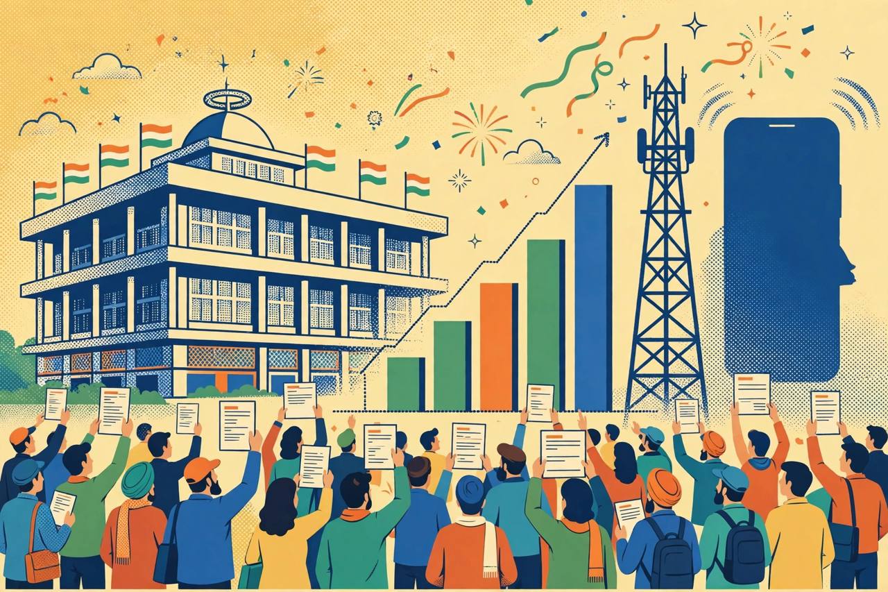 Editorial illustration of generic investors and a rising subscription chart in front of a stock exchange building in India
