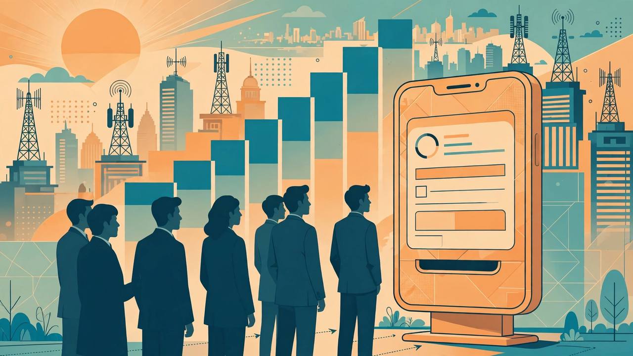 Editorial illustration of investors queuing at a smartphone-shaped IPO kiosk with a rising subscription chart and telecom towers behind