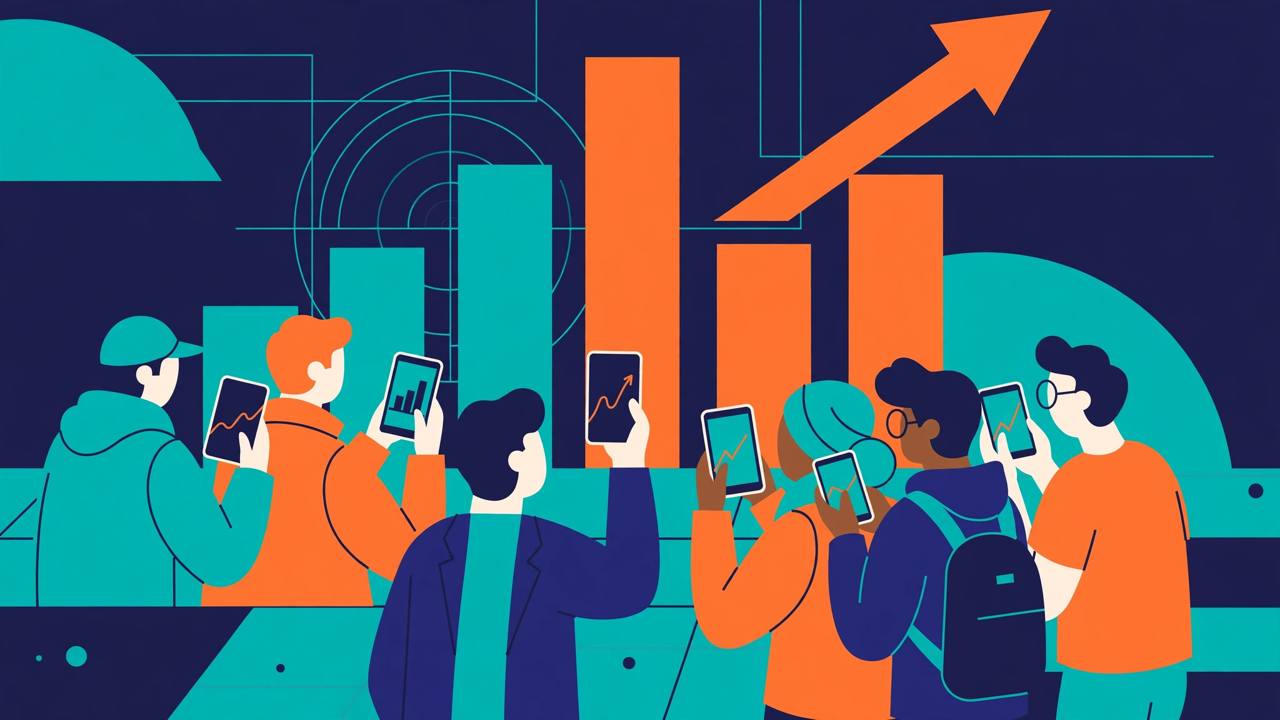 Editorial illustration of generic investors holding smartphones in front of a rising bar chart and upward arrow — flat style, no text, no real person's face